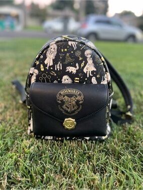 Loungefly Black Mini Backpack with Gold Foil Hogwarts Crest